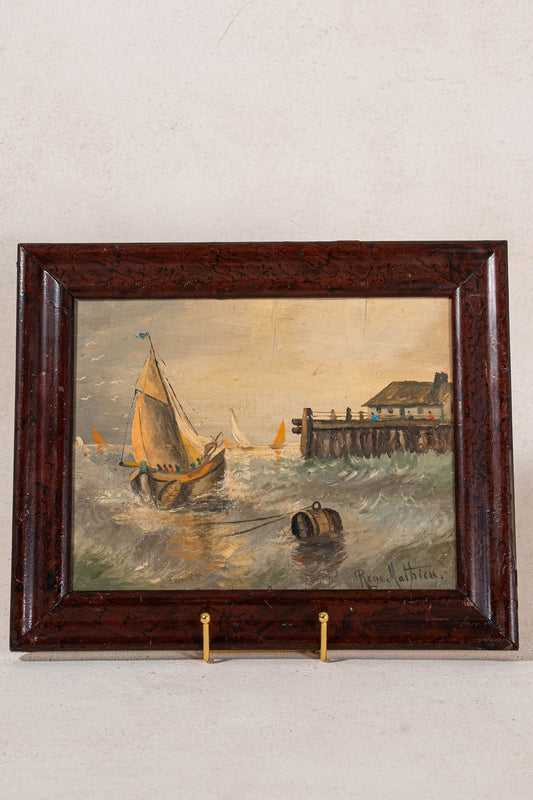 Signed Maritime Original Oil on Board (French; c. 1890) | by Rene Mathieu