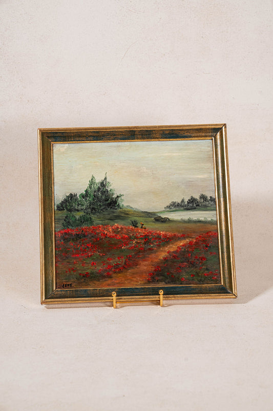 Early 20th Century Framed Oil on Board Landscape of Poppy Field (signed)