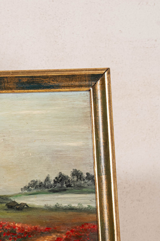 Early 20th Century Framed Oil on Board Landscape of Poppy Field (signed)