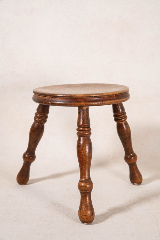 Antique Elmwood Milking Stool with Turned Legs