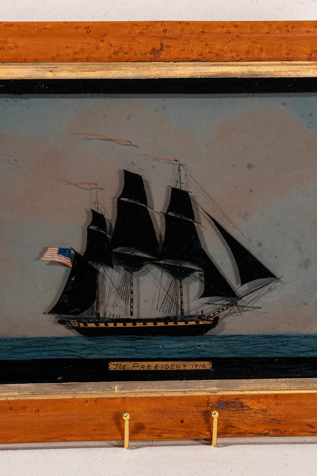 Antique English Reverse Glass Maritime Art of American Ship 'The President 1814' in Original Maple Frame