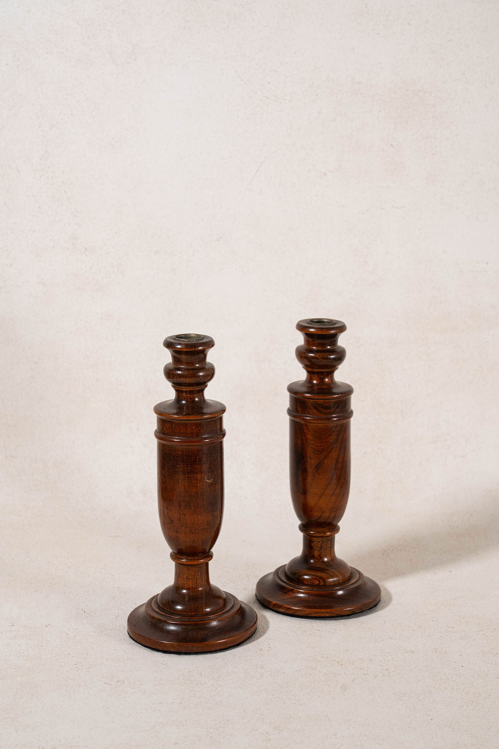 PAIR of Antique English Oak Turned 10.75"H Candlesticks