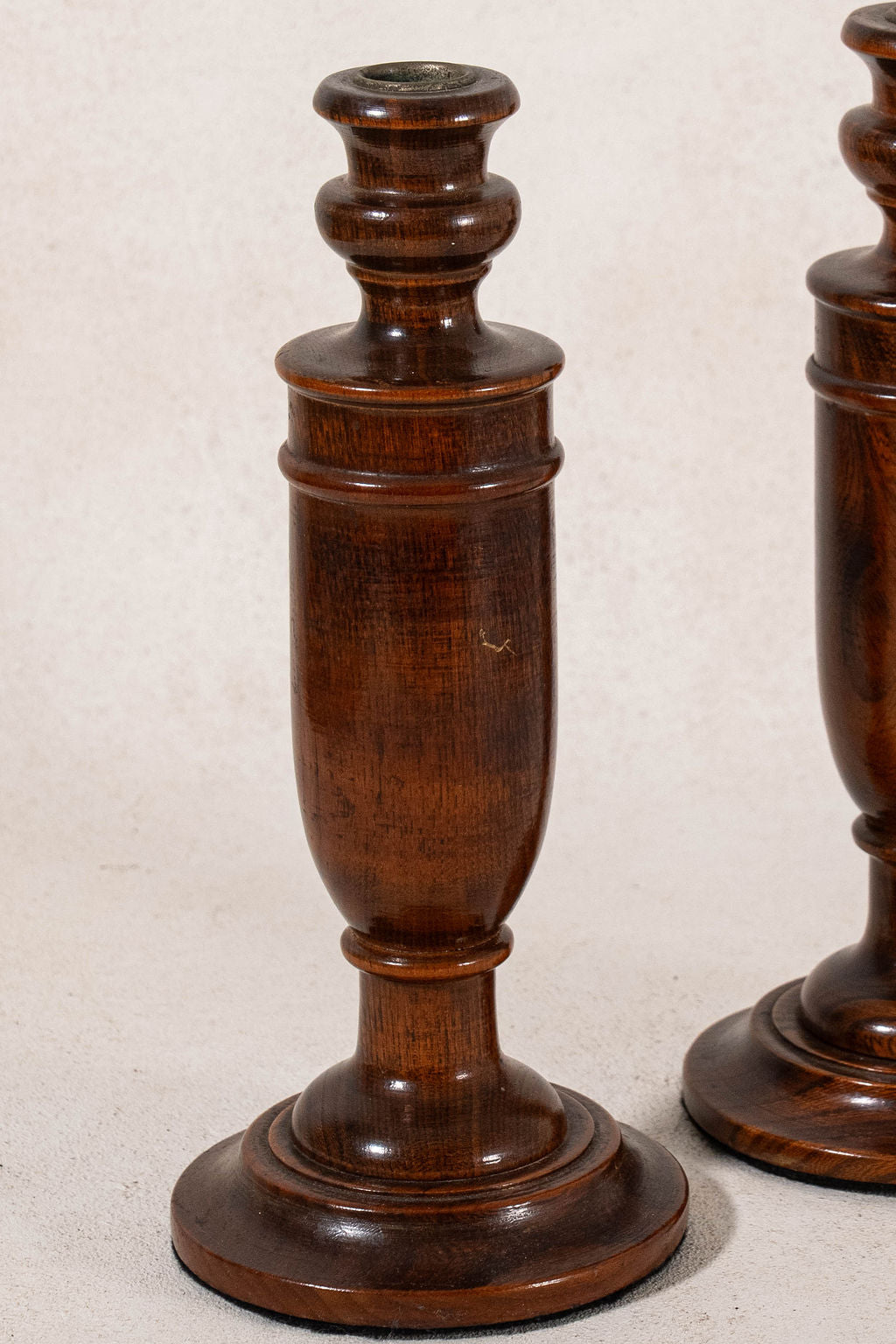 PAIR of Antique English Oak Turned 10.75"H Candlesticks