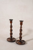 Load image into Gallery viewer, PAIR of Antique English Oak Barley Twist 12"H Candlesticks (c. 1900)
