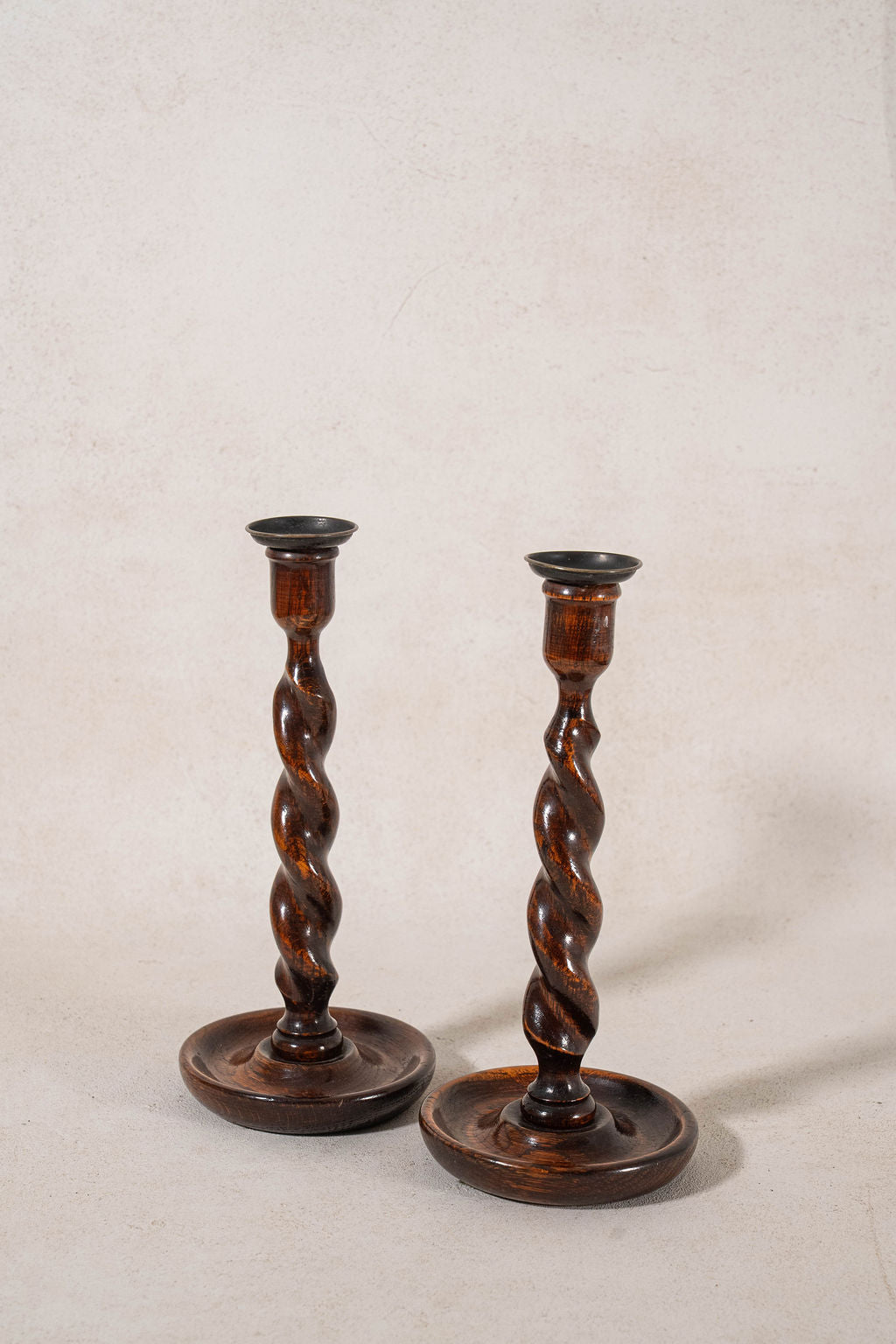 PAIR of Antique English Oak Barley Twist 12"H Candlesticks (c. 1900)