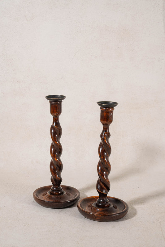 PAIR of Antique English Oak Barley Twist 12"H Candlesticks (c. 1900)