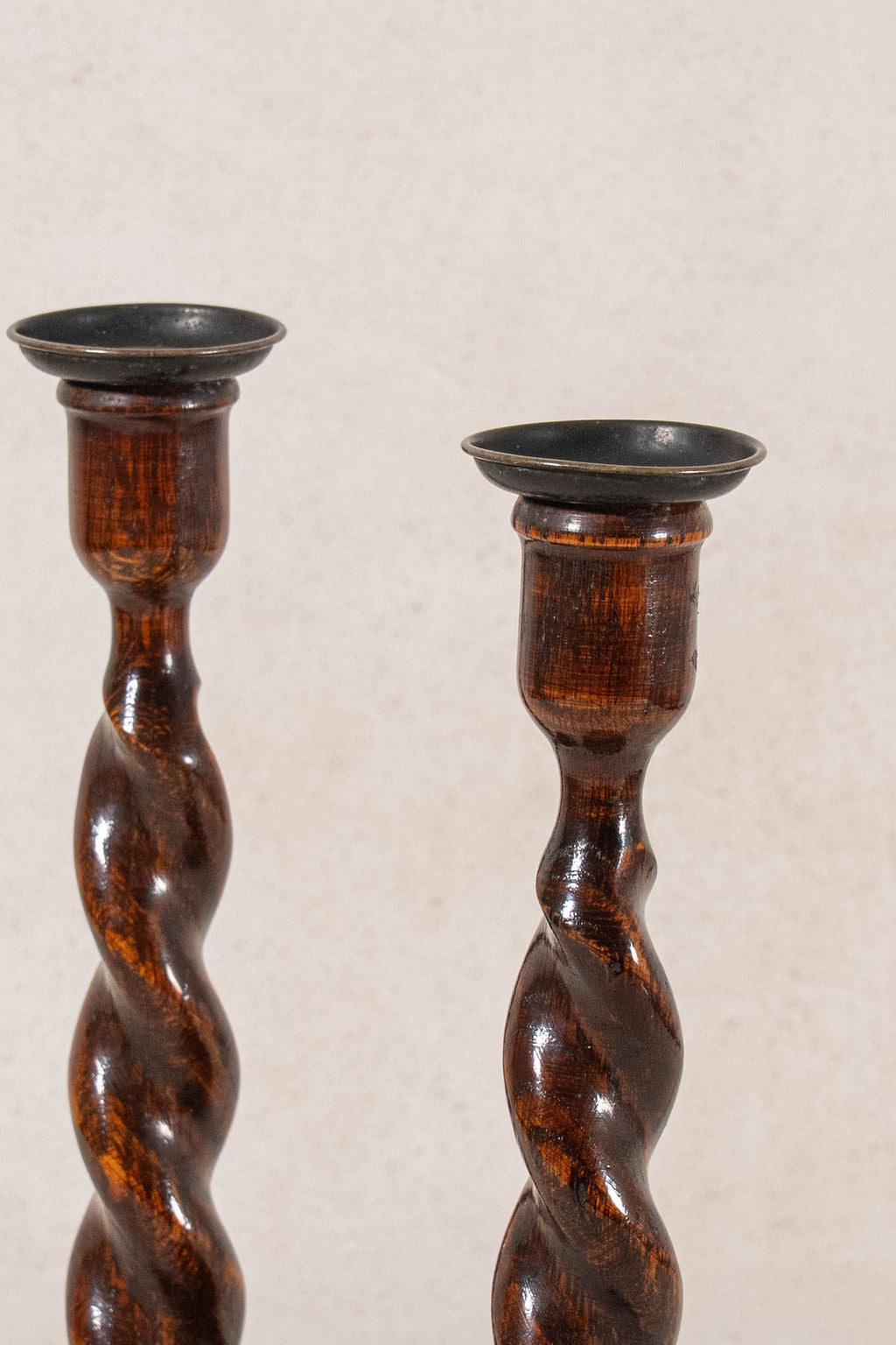 PAIR of Antique English Oak Barley Twist 12"H Candlesticks (c. 1900)