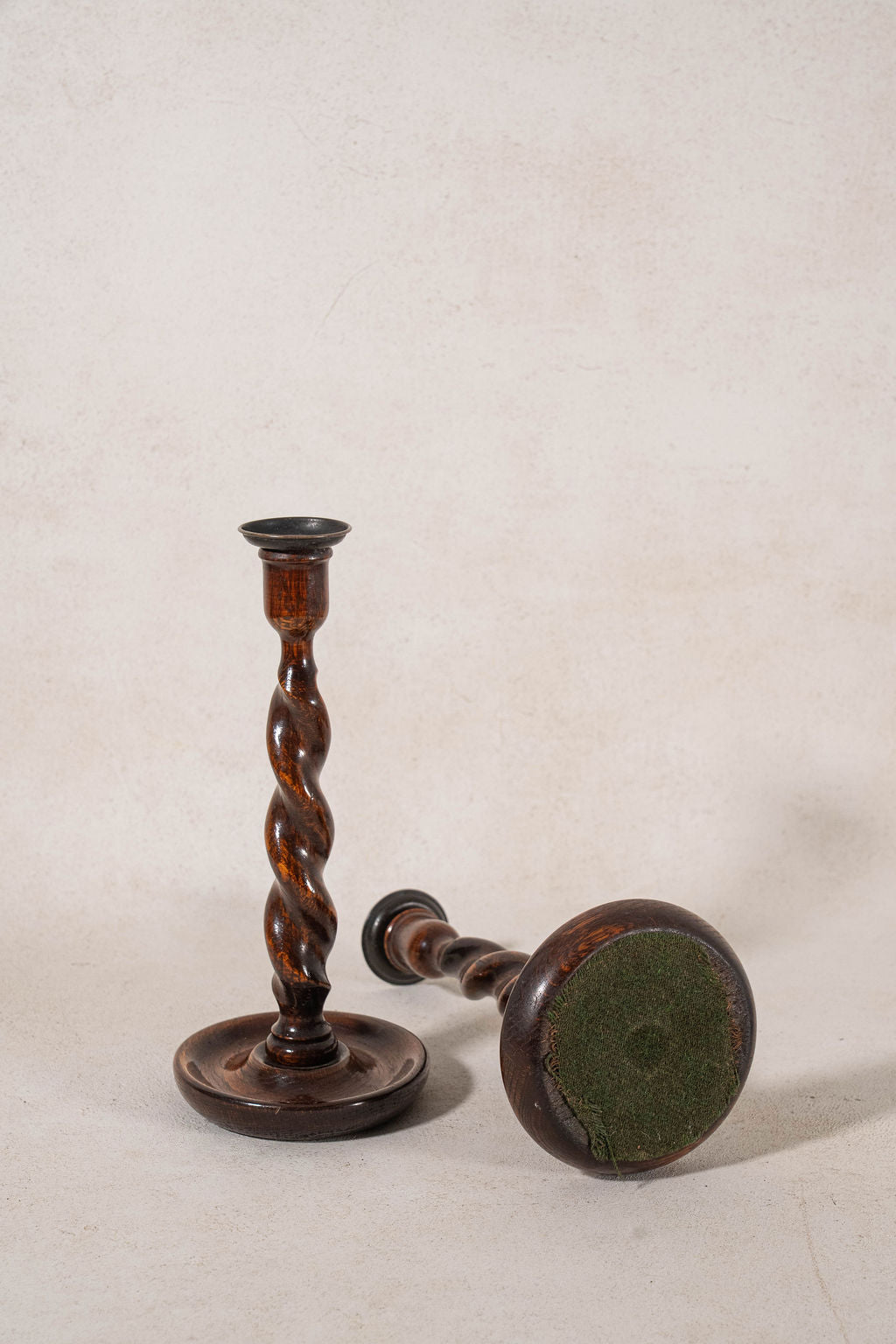 PAIR of Antique English Oak Barley Twist 12"H Candlesticks (c. 1900)