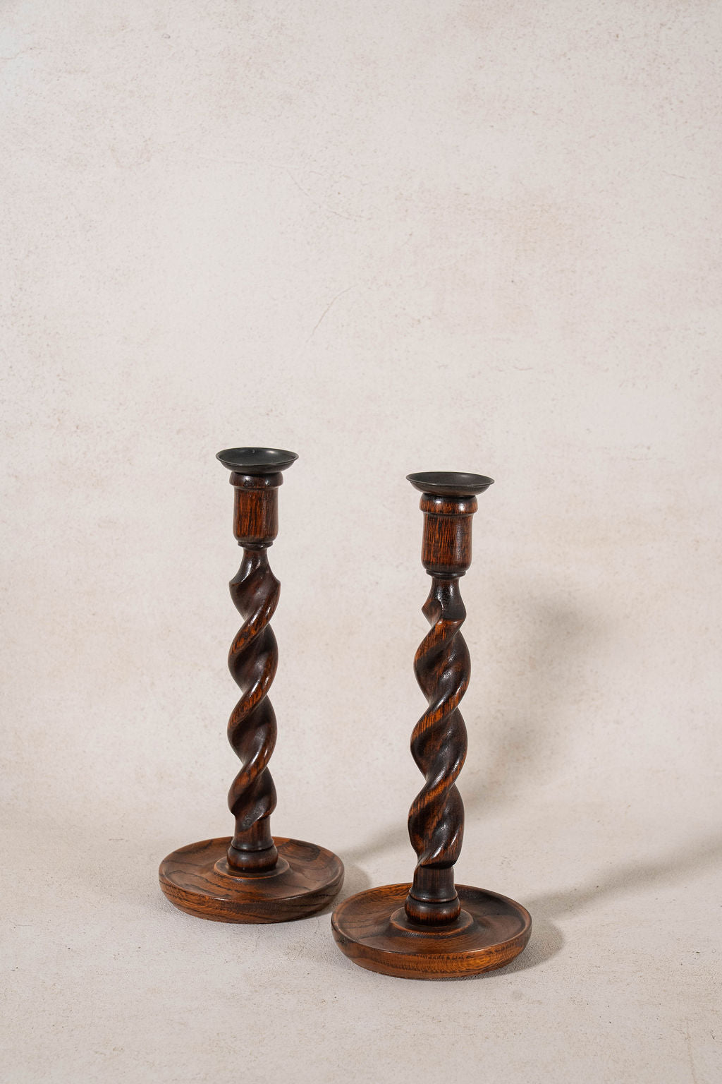 PAIR of Antique English Oak Barley Twist 12"H Candlesticks