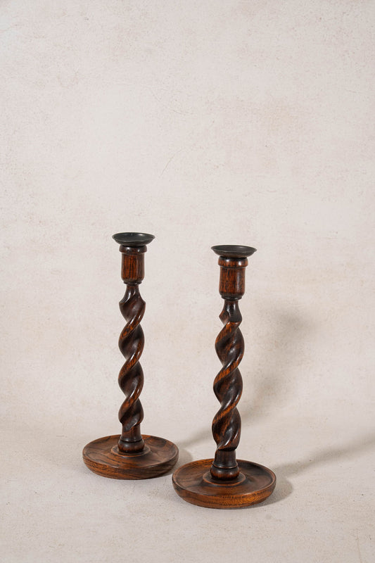 PAIR of Antique English Oak Barley Twist 12"H Candlesticks