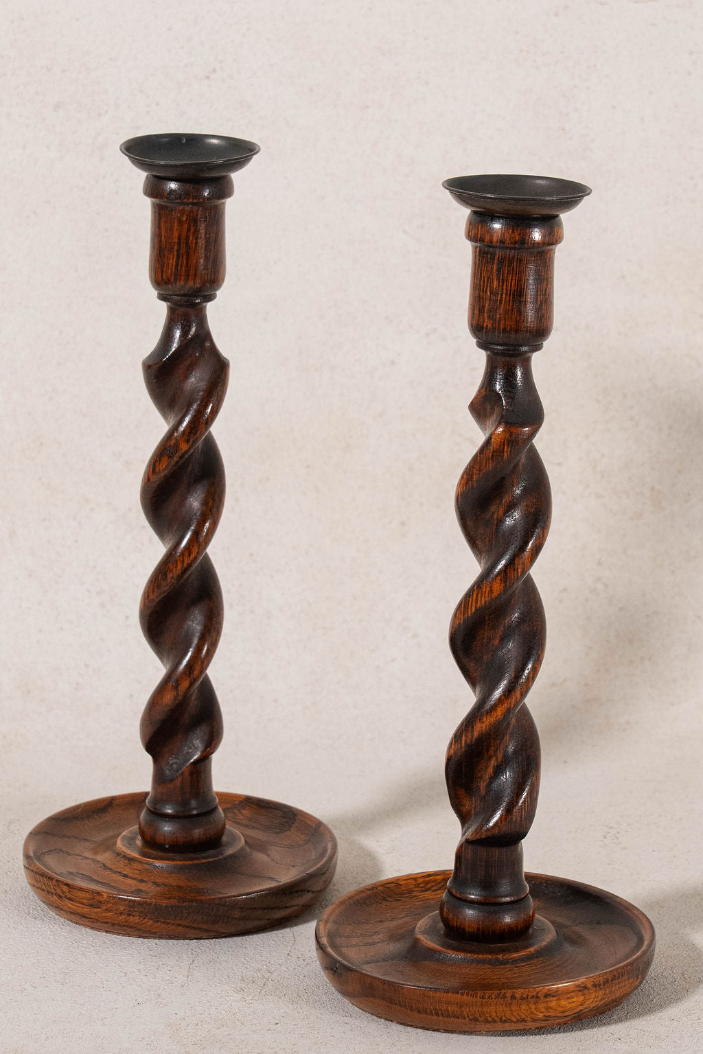 PAIR of Antique English Oak Barley Twist 12"H Candlesticks