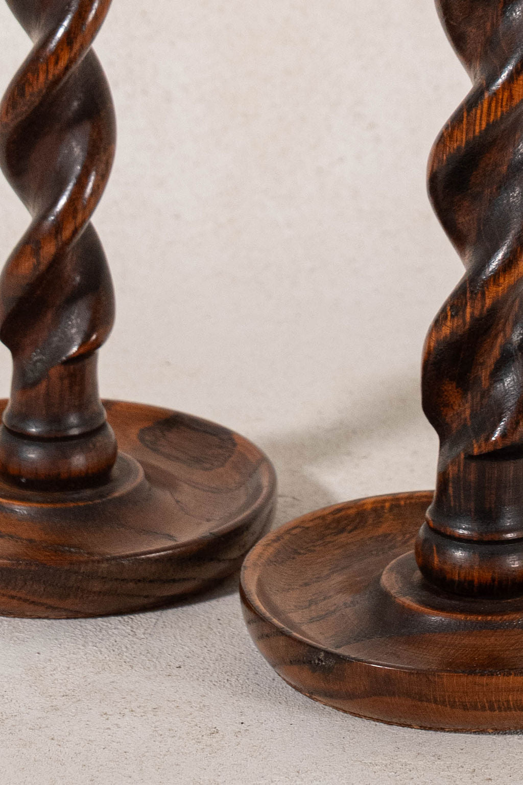 PAIR of Antique English Oak Barley Twist 12"H Candlesticks