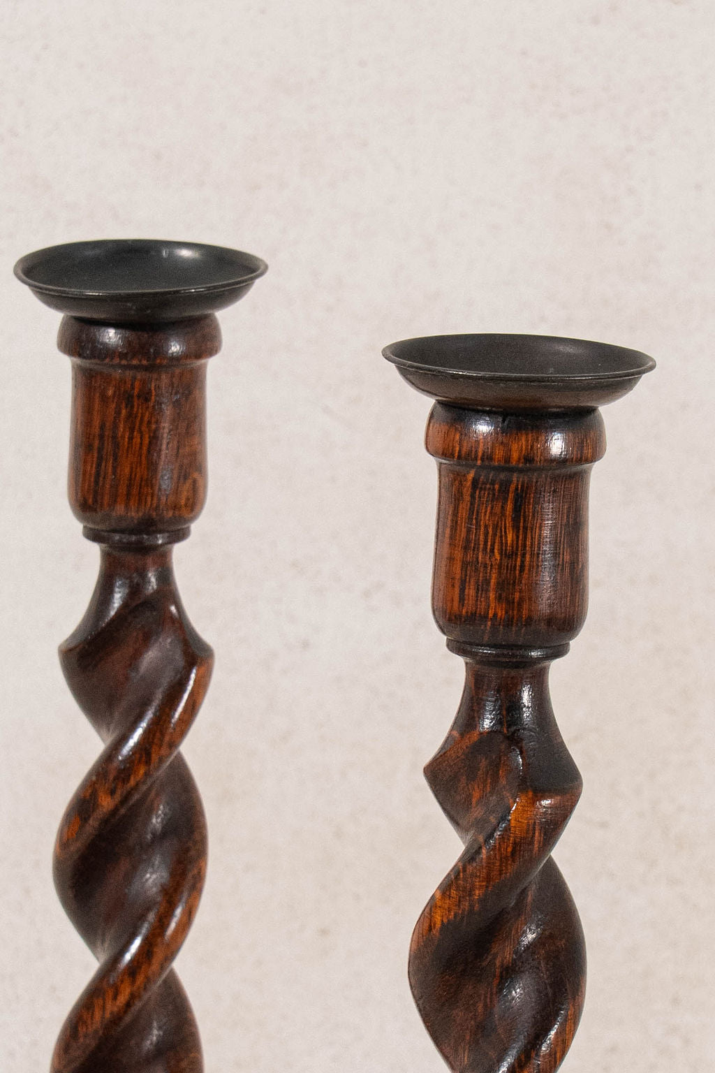 PAIR of Antique English Oak Barley Twist 12"H Candlesticks