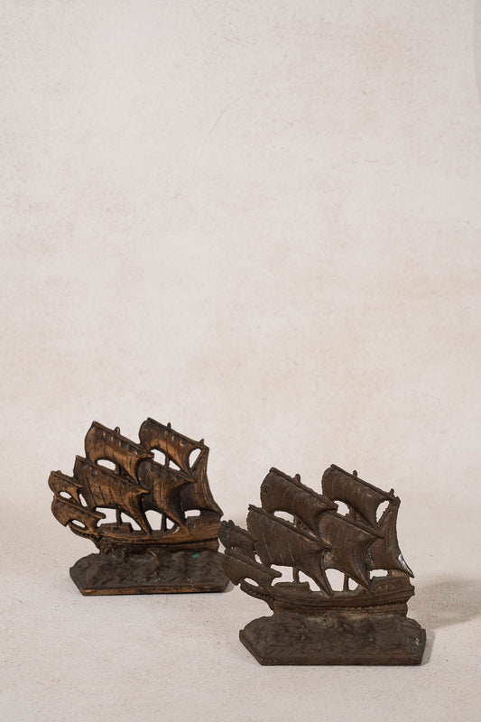 PAIR of Vintage Cast Iron Galleon Ship Bookends
