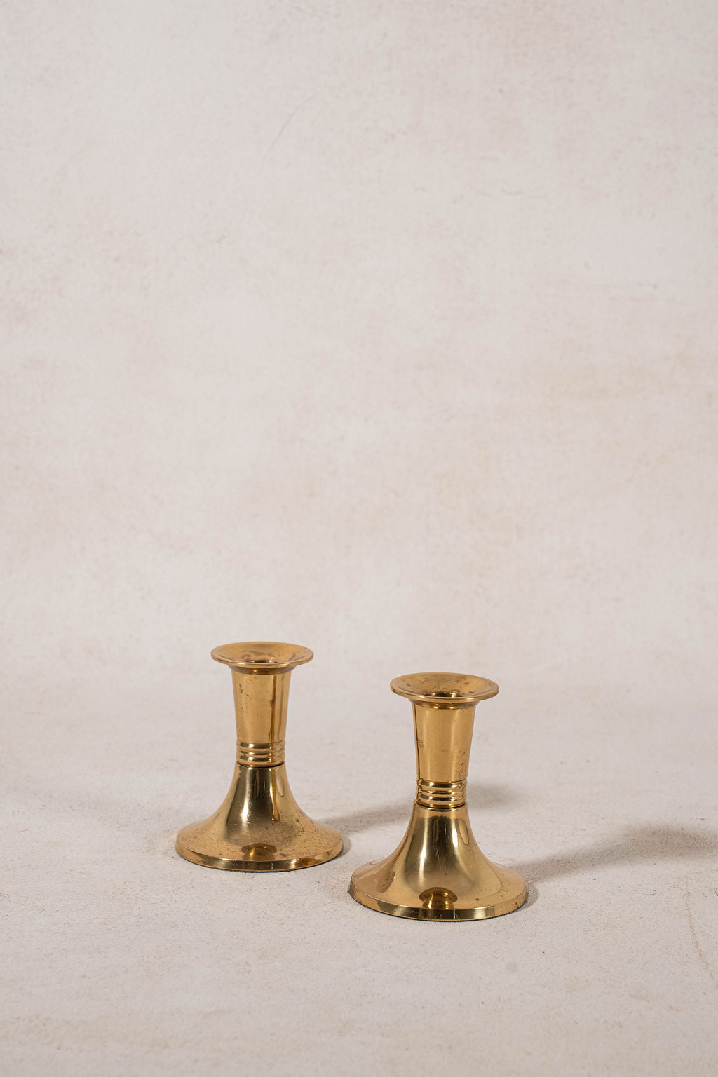 PAIR of Short English Brass Candlesticks with Round Base