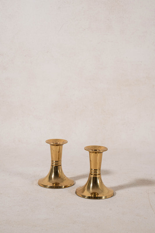 PAIR of Short English Brass Candlesticks with Round Base