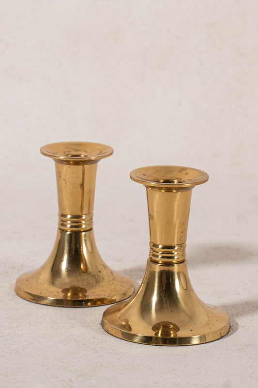 PAIR of Short English Brass Candlesticks with Round Base