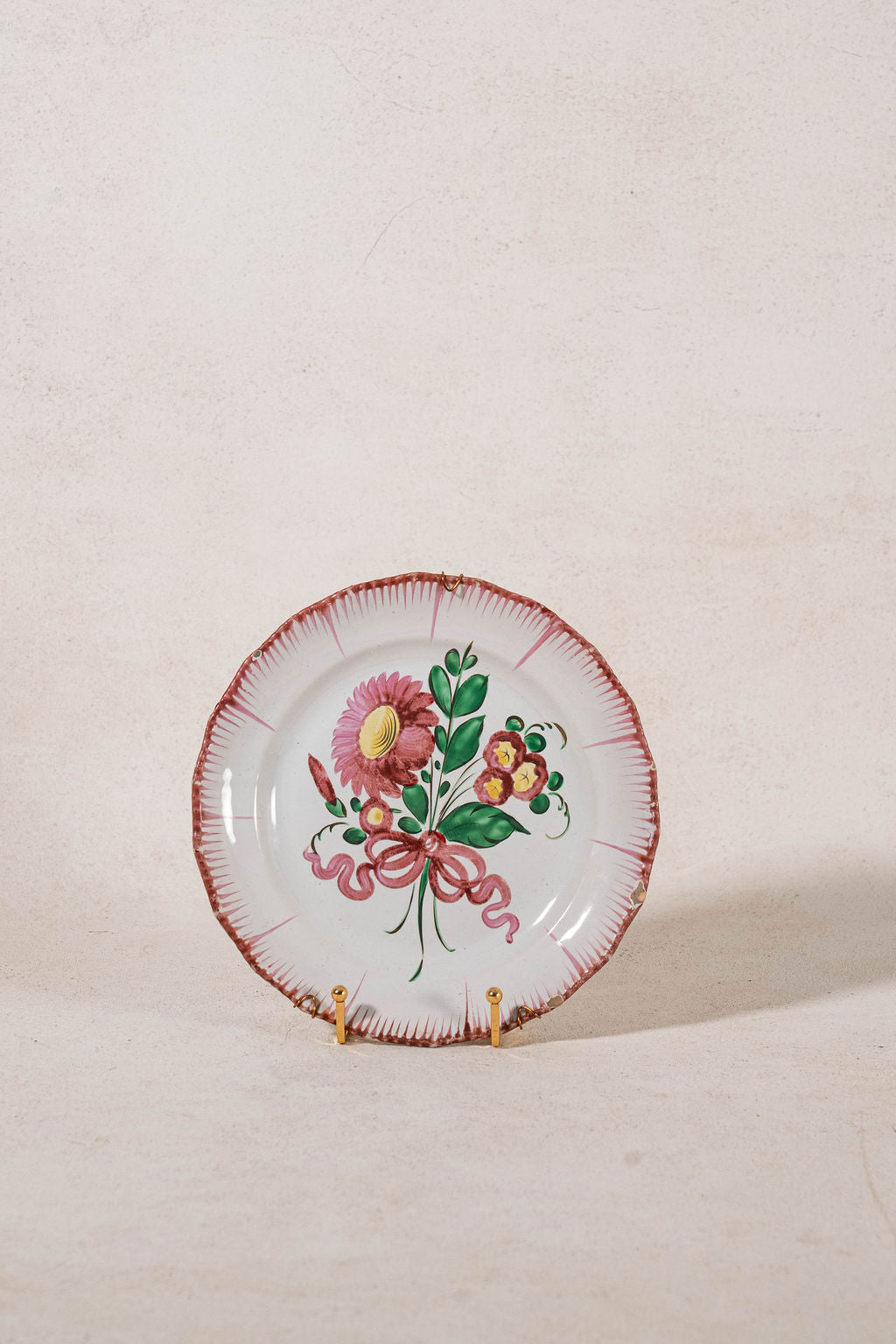19th Century French Handpainted Pink Floral Plate with Brushed Edges | SKU 426-440