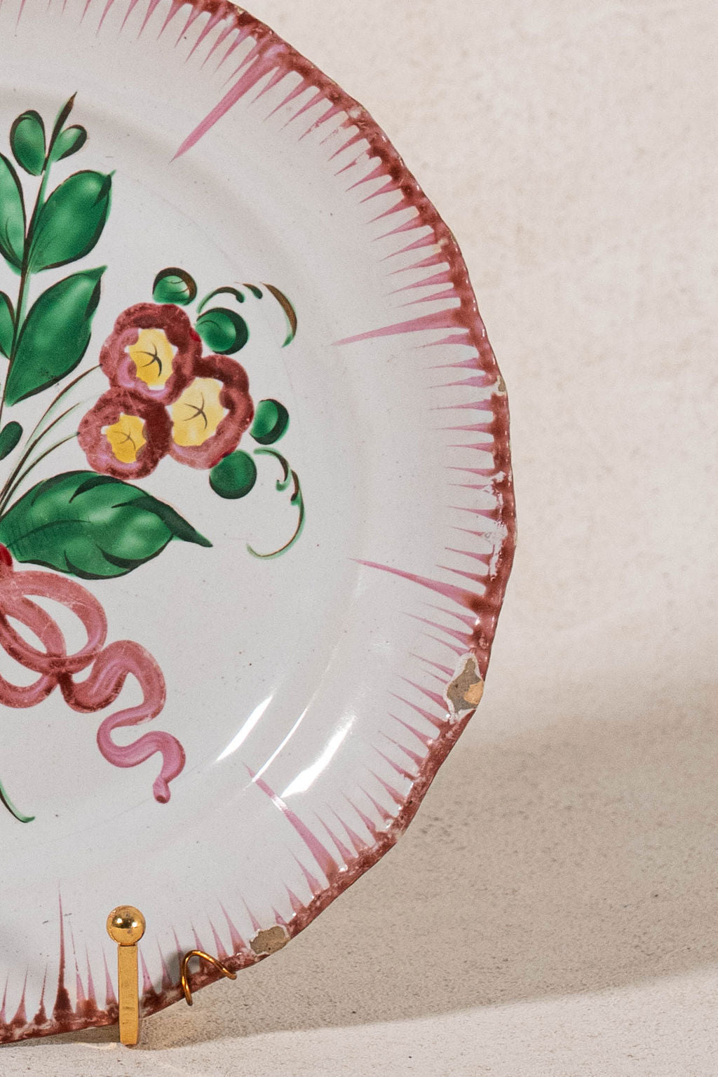 19th Century French Handpainted Pink Floral Plate with Brushed Edges | SKU 426-440