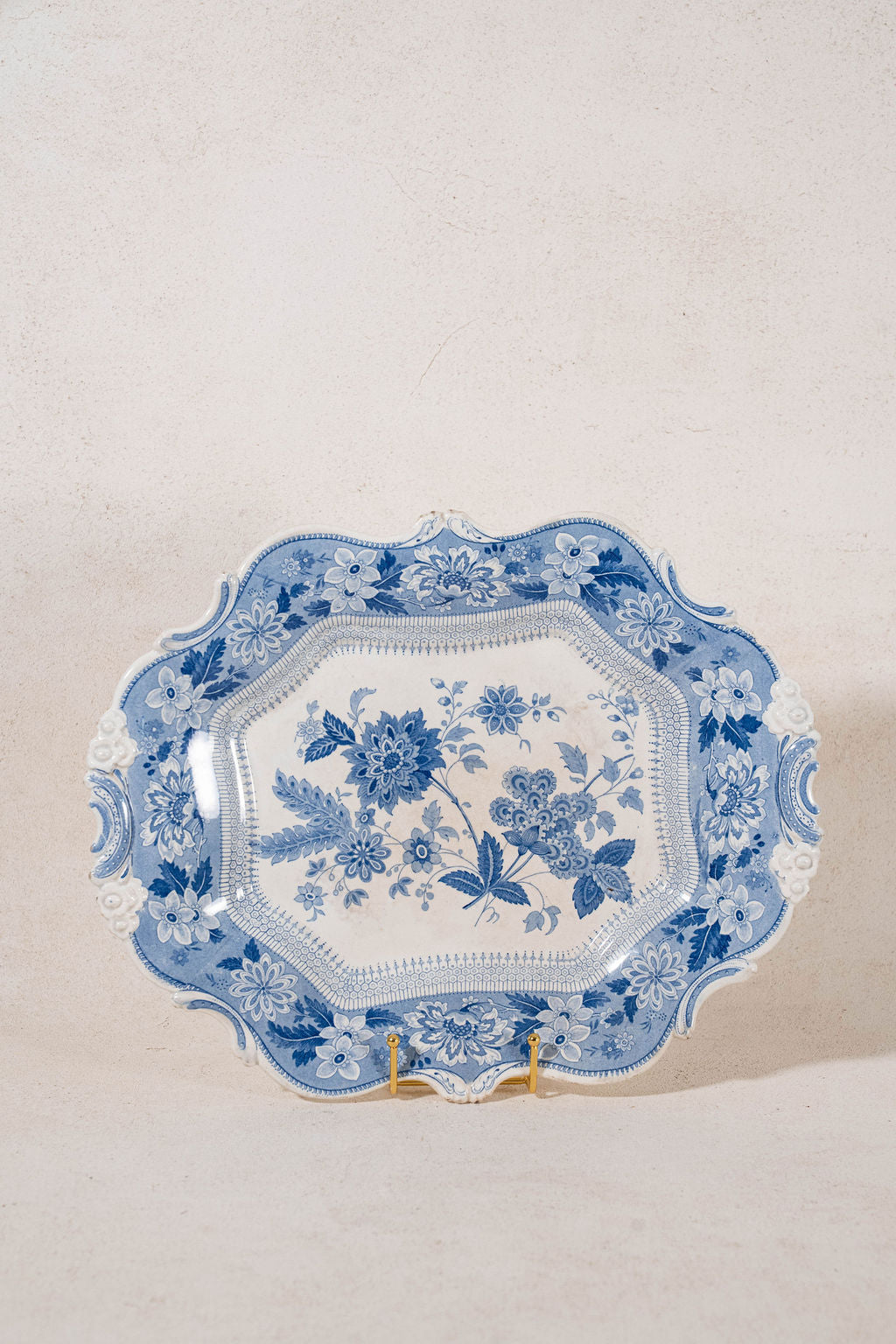 18th Century English Transferware Blue + White Floral Platter with Unique Edge (c. 1780)