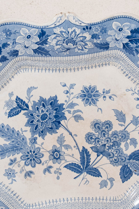 18th Century English Transferware Blue + White Floral Platter with Unique Edge (c. 1780)
