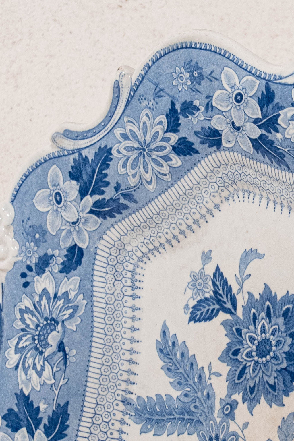 18th Century English Transferware Blue + White Floral Platter with Unique Edge (c. 1780)