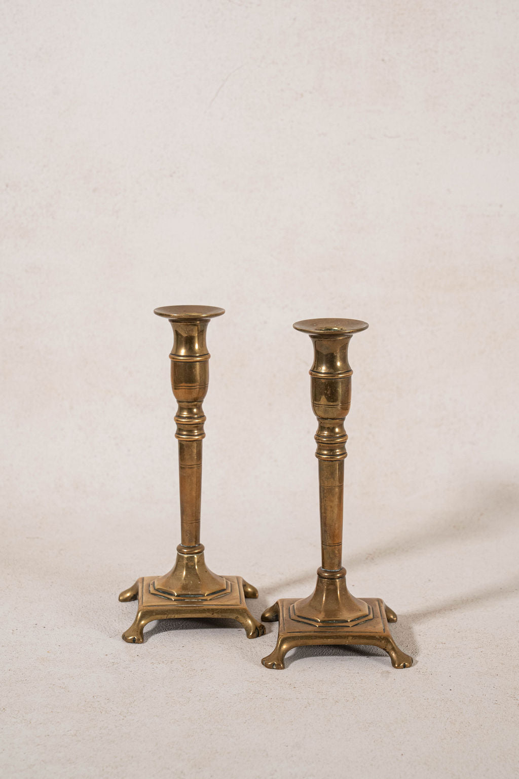 PAIR of Antique English 9"H Brass Candlesticks on Raised Square Base