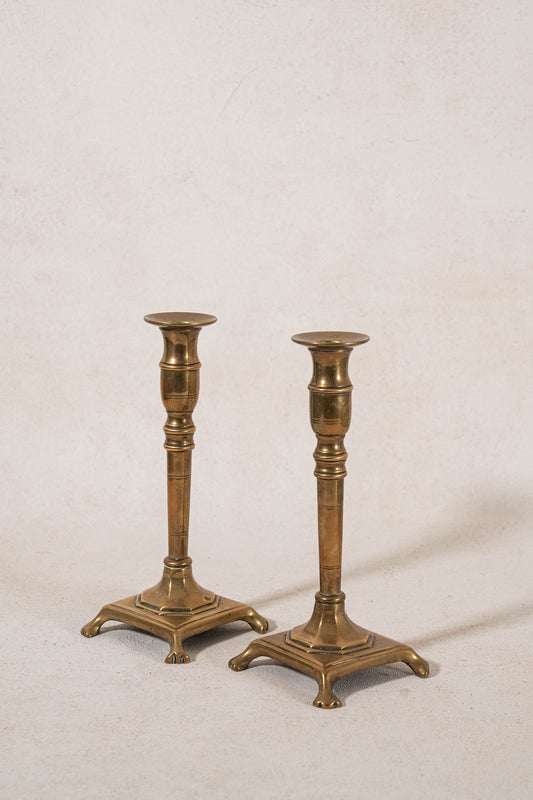 PAIR of Antique English 9"H Brass Candlesticks on Raised Square Base