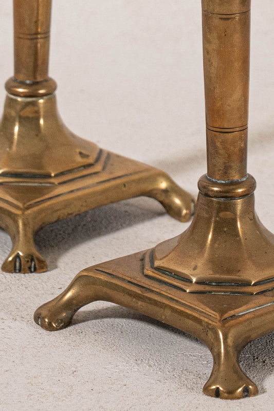 PAIR of Antique English 9"H Brass Candlesticks on Raised Square Base