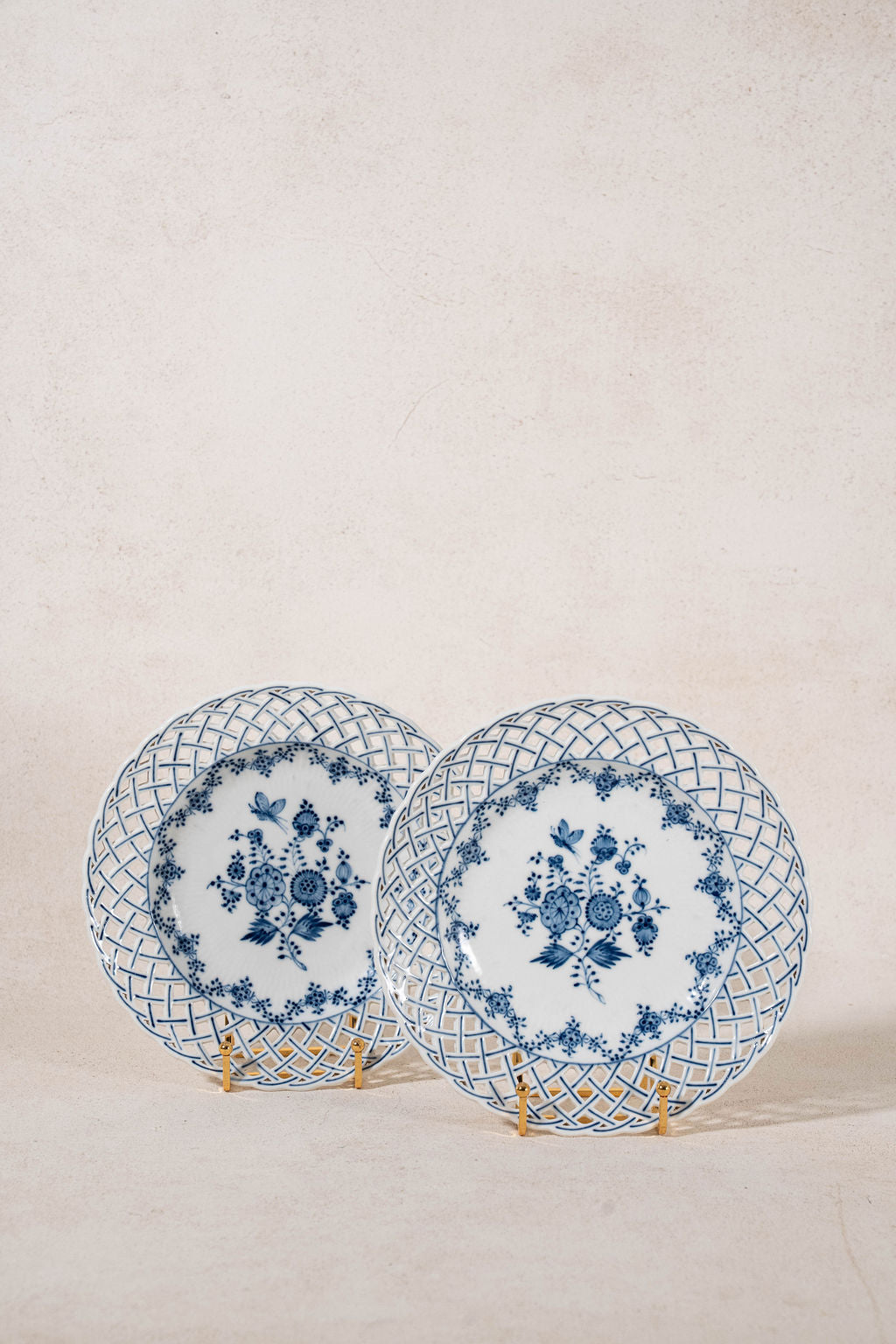 PAIR of Antique German Blue + White Reticulated Plates (c. 1905)