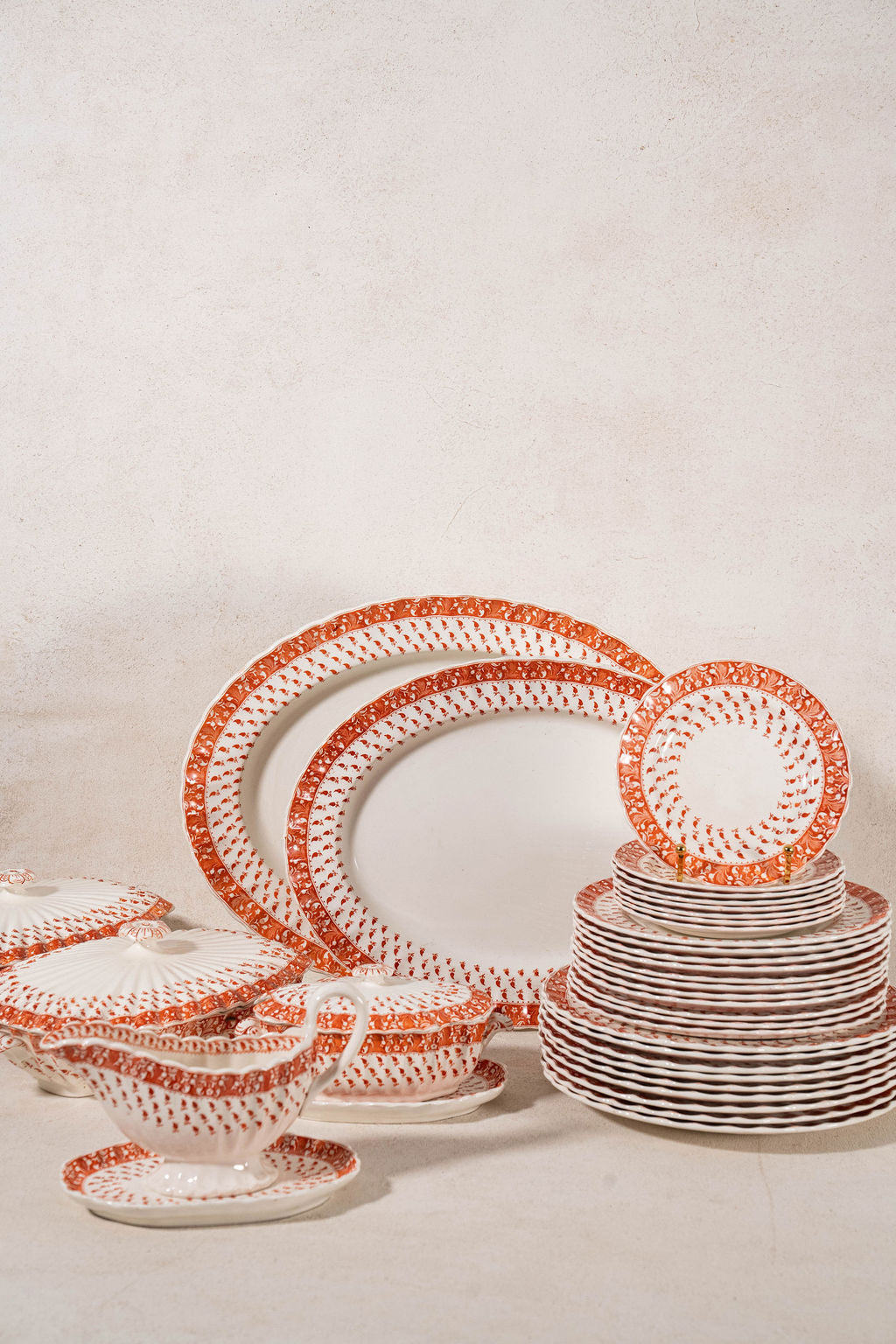 RARE | 44 Piece SET of Spode ‘Old Crow’ Orange/Coral Dishes (c. 1890)