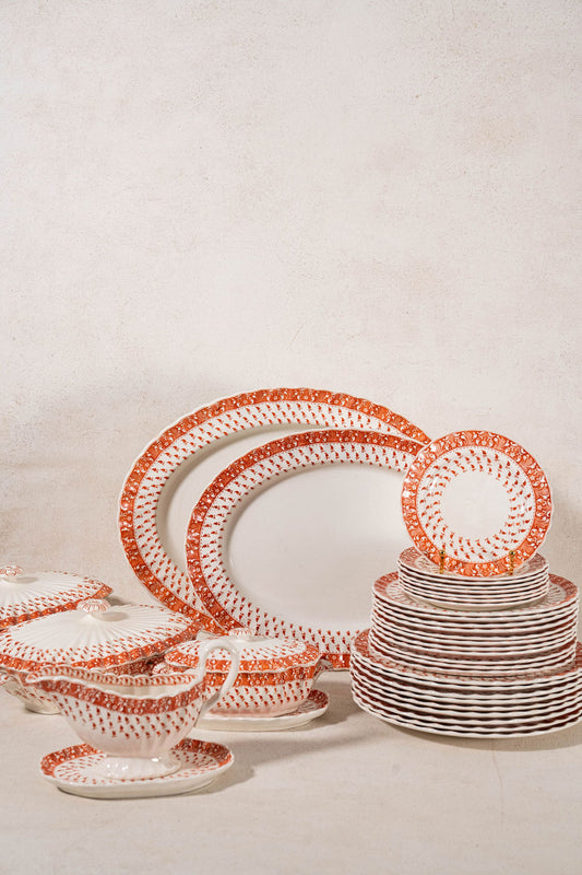 RARE | 44 Piece SET of Spode ‘Old Crow’ Orange/Coral Dishes (c. 1890)
