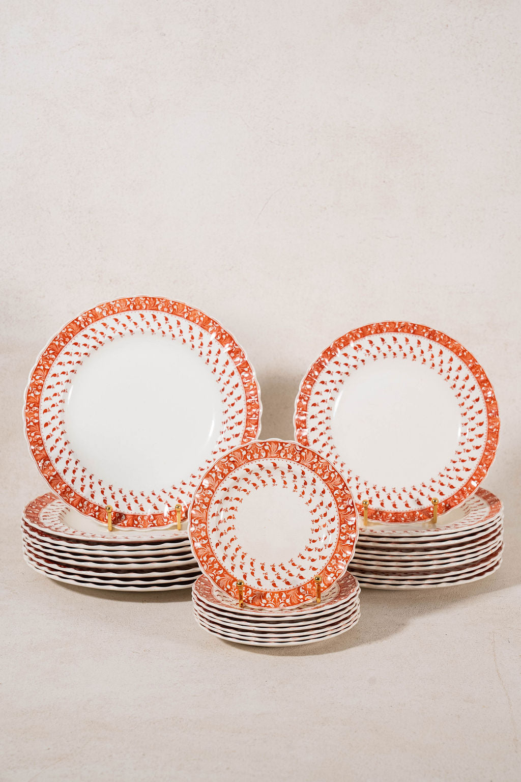 RARE | 44 Piece SET of Spode ‘Old Crow’ Orange/Coral Dishes (c. 1890)