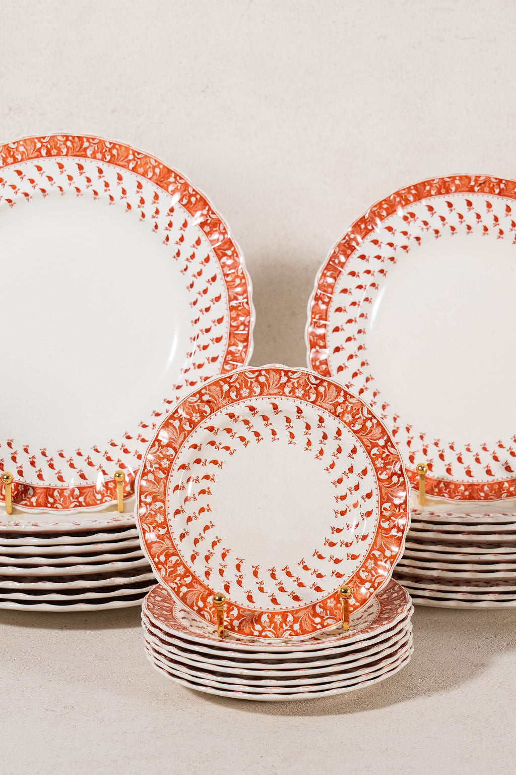 RARE | 44 Piece SET of Spode ‘Old Crow’ Orange/Coral Dishes (c. 1890)