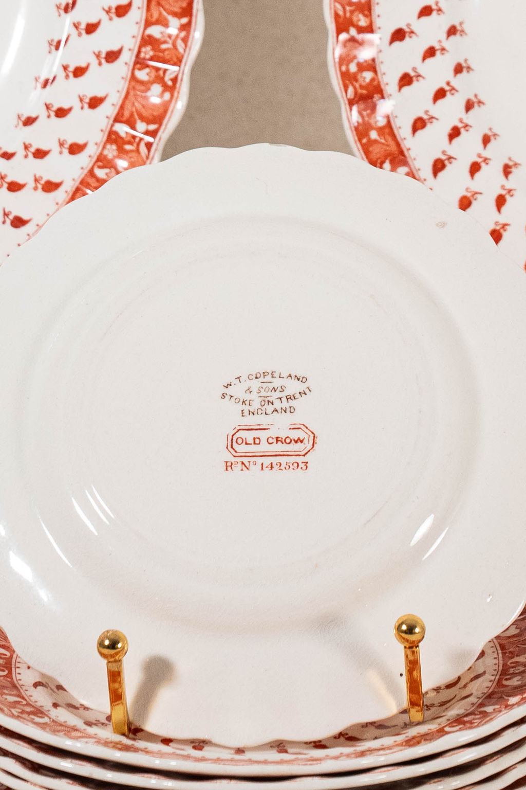 RARE | 44 Piece SET of Spode ‘Old Crow’ Orange/Coral Dishes (c. 1890)