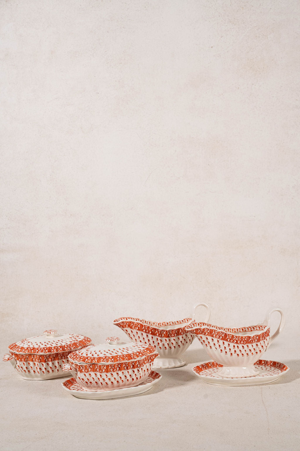 RARE | 44 Piece SET of Spode ‘Old Crow’ Orange/Coral Dishes (c. 1890)