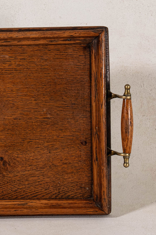 Vintage English Oak Handled Tray with Brass Details