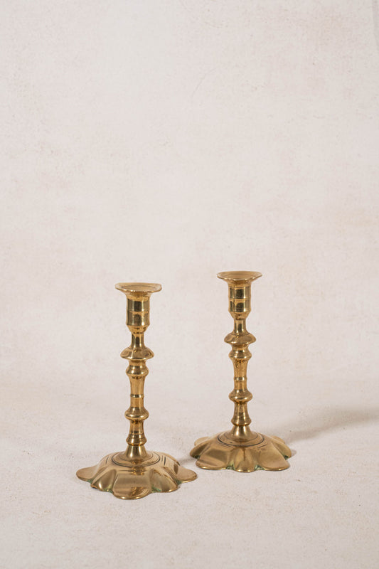 PAIR of 18th Century Petal Base Brass Candlesticks | 7.75"H