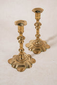 Load image into Gallery viewer, PAIR of 18th Century Petal Base Brass Candlesticks | 7.75"H
