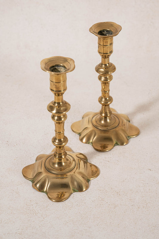 PAIR of 18th Century Petal Base Brass Candlesticks | 7.75"H
