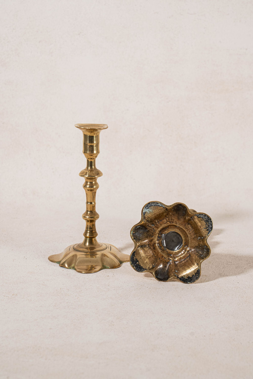 PAIR of 18th Century Petal Base Brass Candlesticks | 7.75"H