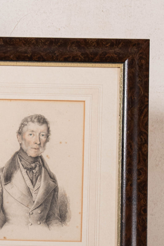 19th Century Pencil Portrait of a Gentleman, Dated 1840, by Raffaele Fidanza (1797–1846) In Burl Frame